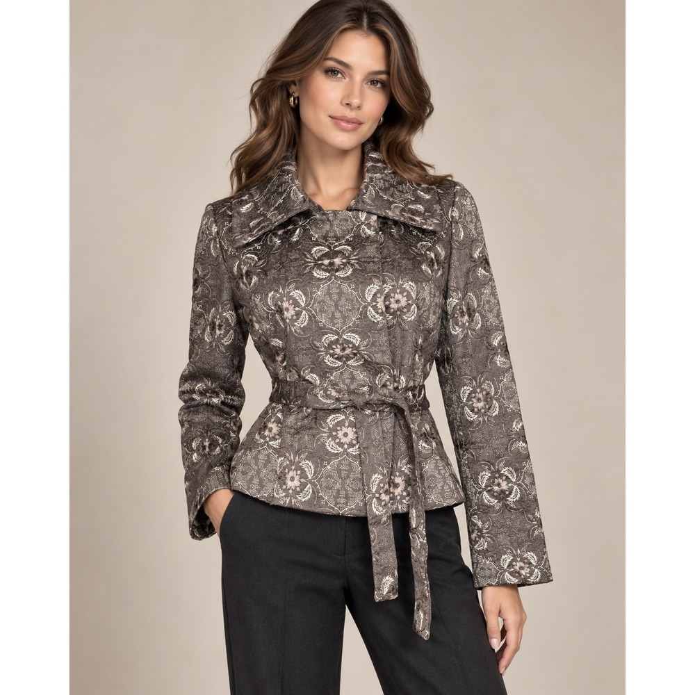 Talbots Collection Brown Floral Jacquard Belted Jacket Damask Cotton Size 6